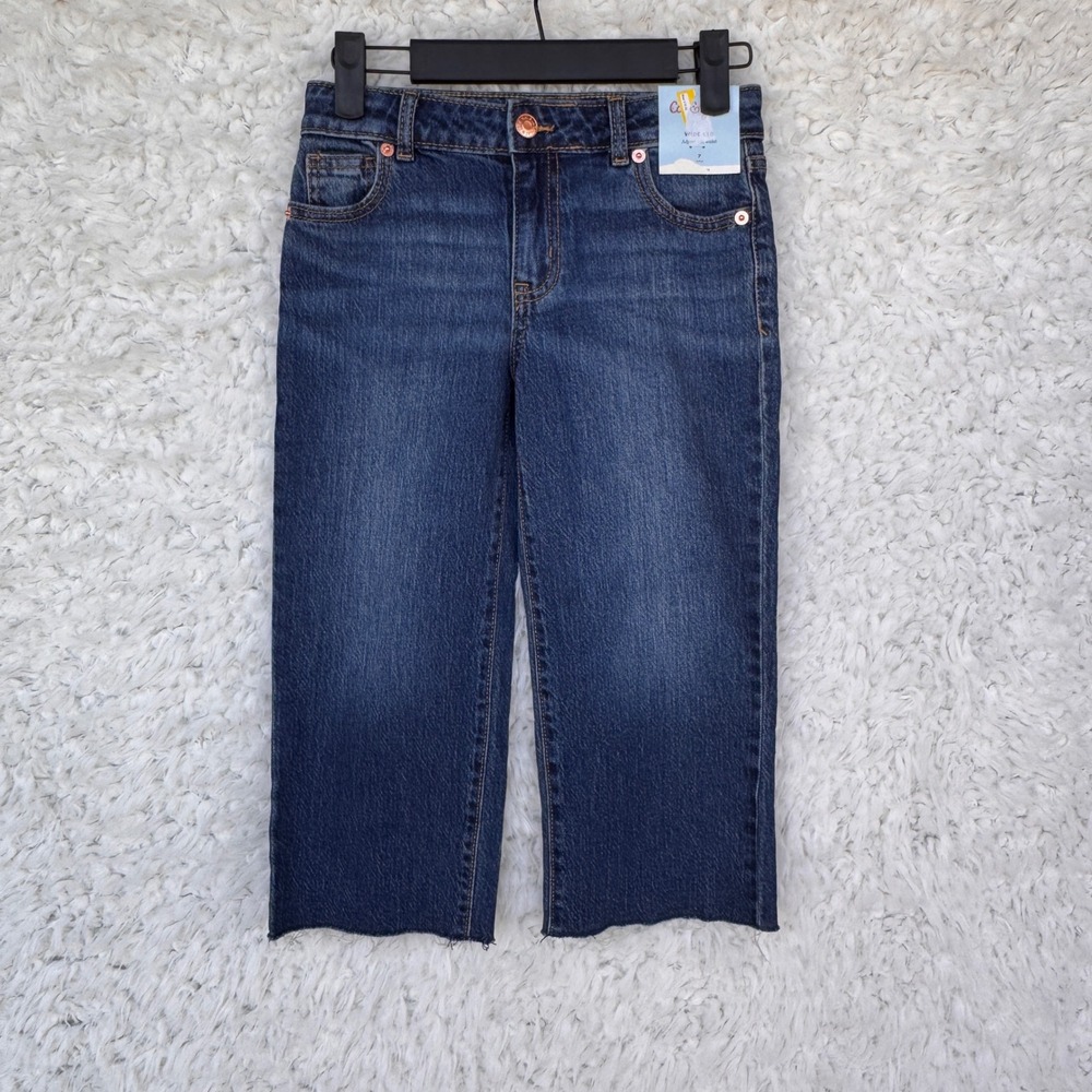 Cat & Jack Girls Wide Leg Cropped Jeans Dark Wash Raw Hem Size 7 New NWT